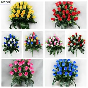 Elegant Artificial Cemetery Bouquet, Faux Roses, Durable Plastic Roses & Leaves, Monument & Funeral Decoration, No Maintenance Needed