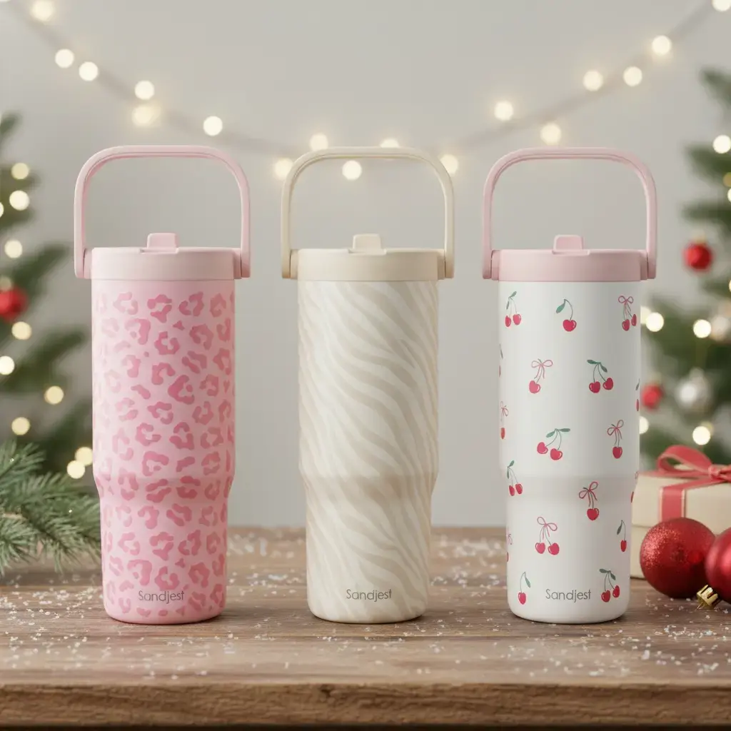 Sandjest 30Oz Stainless Steel Vacuum Insulated Tumbler - Leak-Proof Reusable Water Bottle with Straw Lid, Carry Handle, Aesthetic Modern Print, Portable Travel Mug, Ideal for Christmas Gift