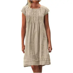 Women cotton linen dress crewneck short sleeve summer casual trendy beach midi dress comfy beach vacation dresses