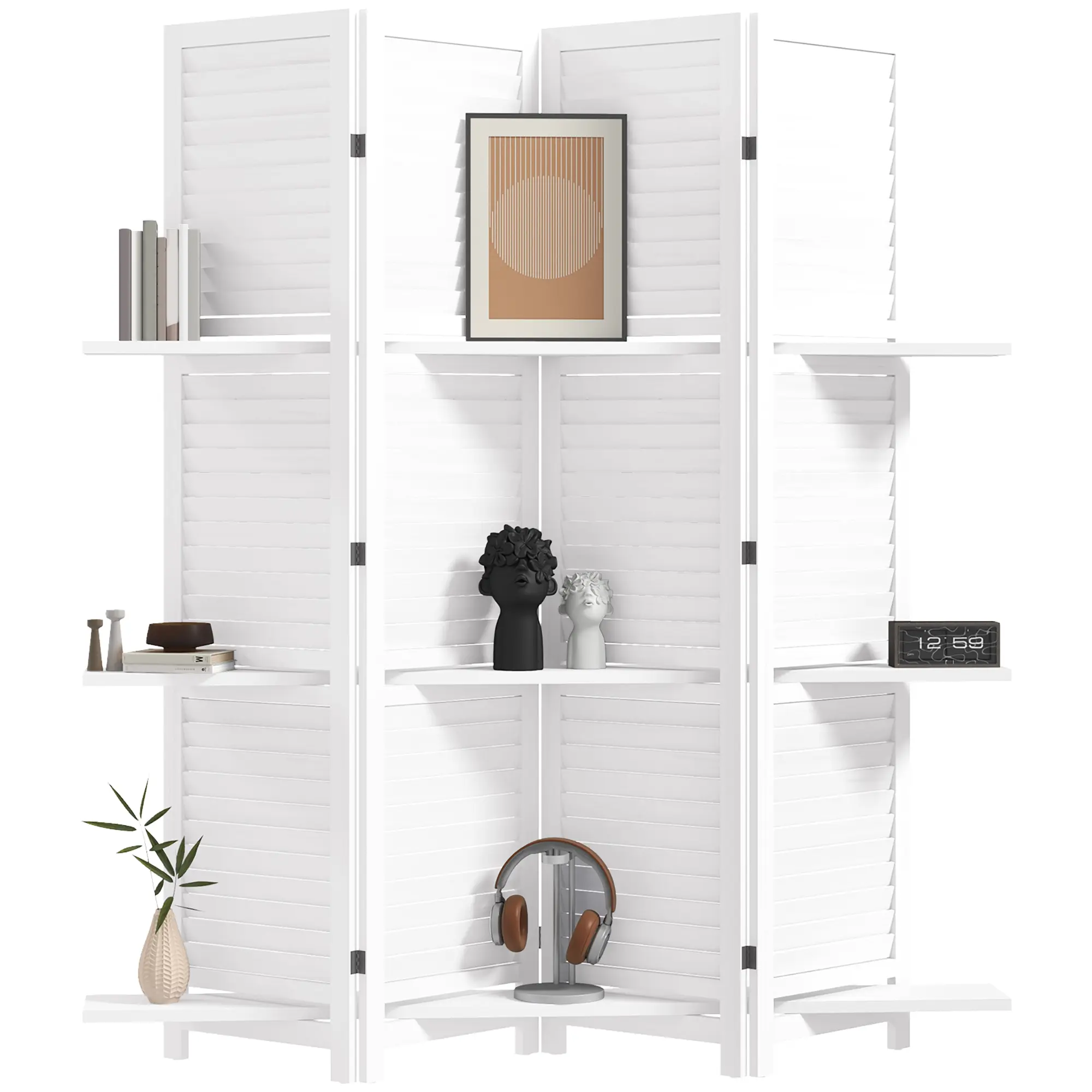 Indoor Wood Room Divider, 4-Panel 67" Tall Privacy Screen with 3 Removable Shelves, Louvered Slats, and 9 Steel Hinges for Stability