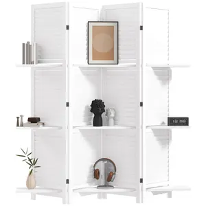 Indoor Wood Room Divider, 4-Panel 67" Tall Privacy Screen with 3 Removable Shelves, Louvered Slats, and 9 Steel Hinges for Stability