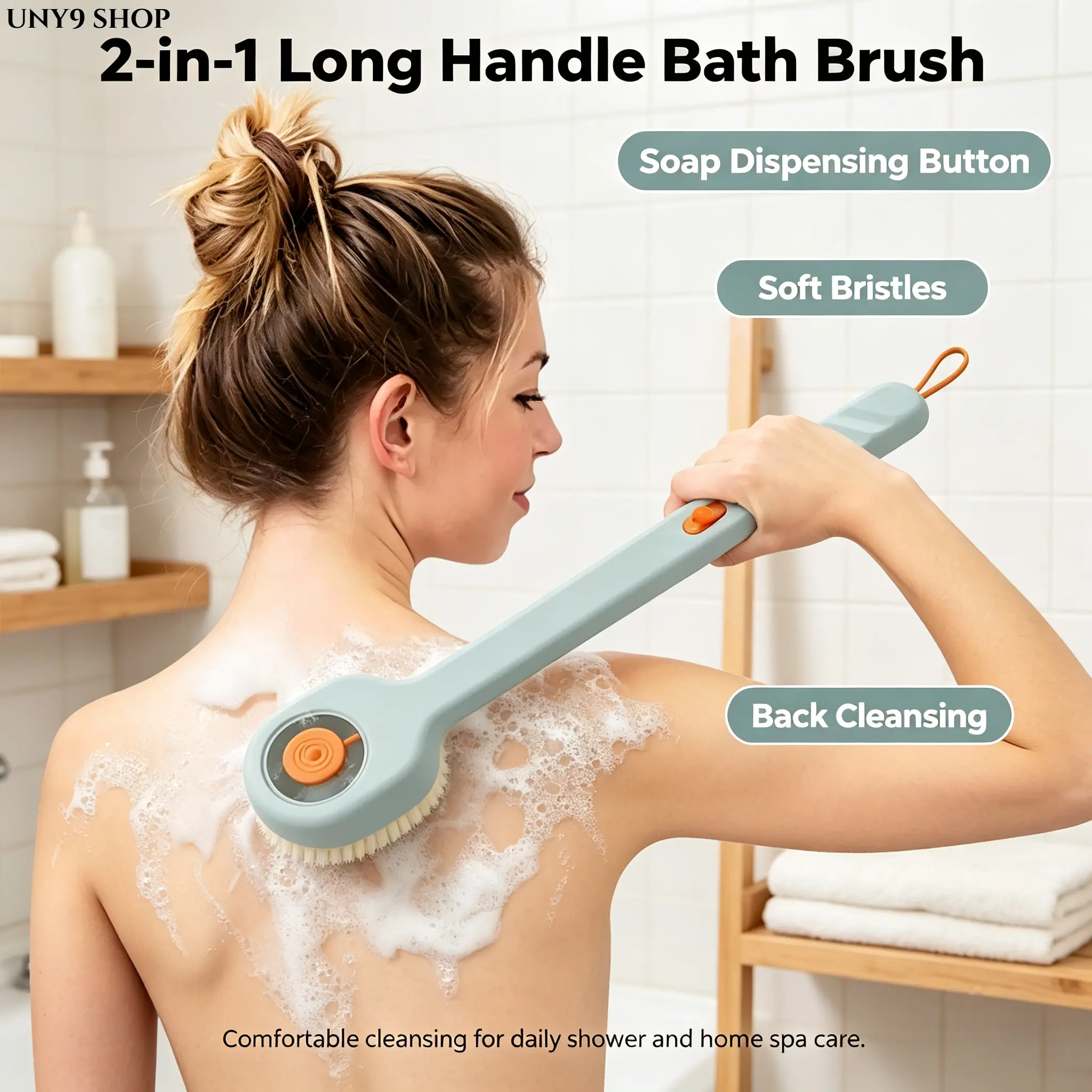 2-in-1 Shower Brush & Body Scrubber Accessories, Long Handle Back Scrubber with Soft Bristles, Press-Button Refillable Soap Dispenser Bathroom Accessory for Gentle Skin Cleaning, Home Spa Gift (Sports Use)