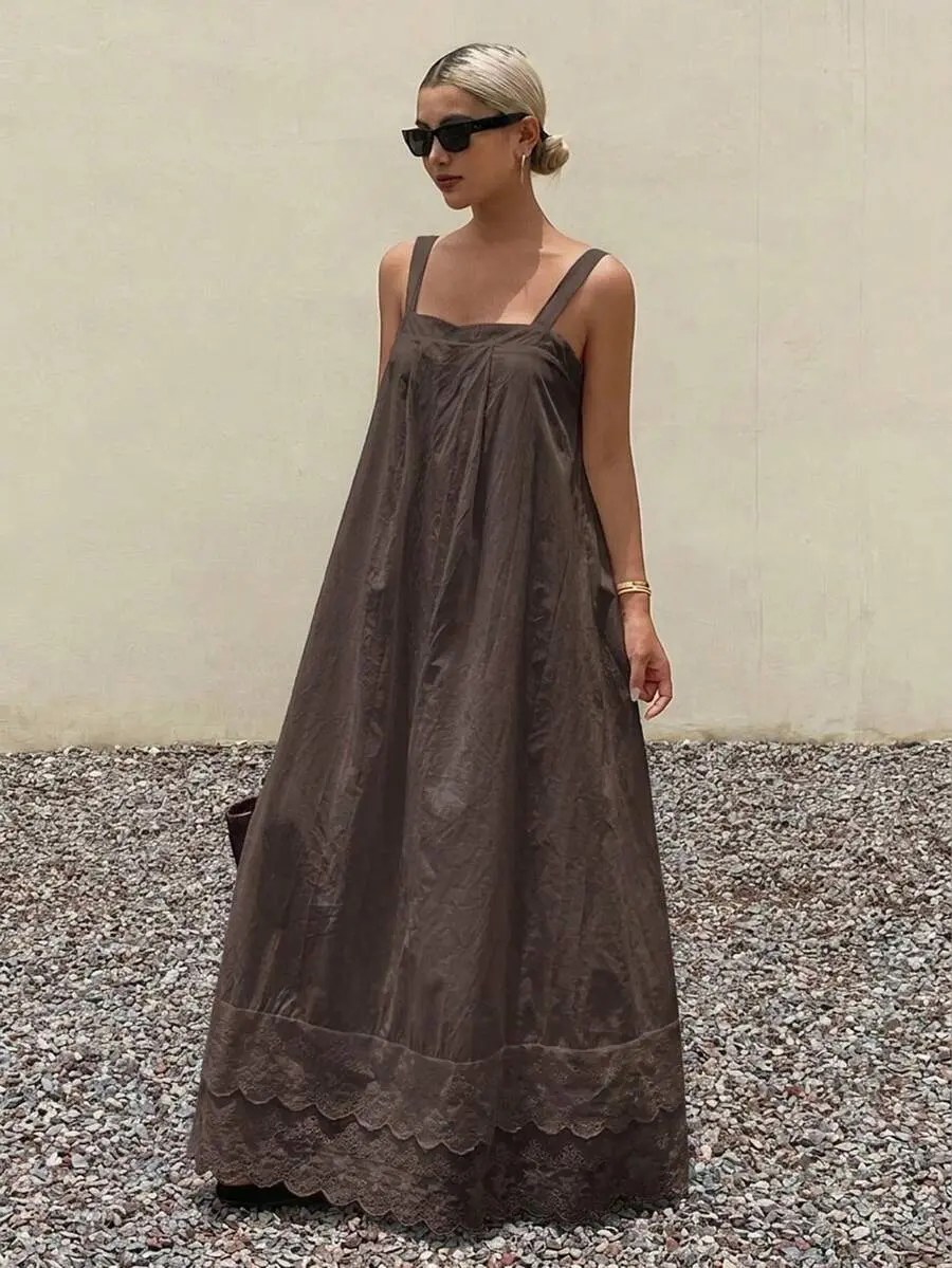 Women's Minimalist Casual Spaghetti Strap Long Maxi Dress - Plain Woven Cotton Gown with Flared Hem, Embroidered Lace, Contrast Lace, Natural Waist, Low Stretch, Machine Washable for Chic Ramadan Wear