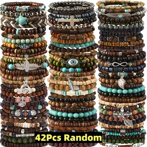 42pcs Vintage Style Bohemian Wooden Beaded Bracelets, Fashionable Stacking Bracelet Set for Women, Ethnic Men'S Outdoor Accessory Collection Halloween&Christmas for Christmas, Newyear, Valentine, Party Events