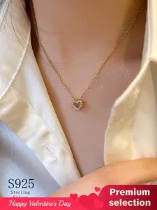 S925 Sterling Silver Heart Shaped Pendant Necklace, Elegant Luxury Simple O Chain Necklace for Women, Exquisite Jewelry for Birthday Gift, Heart Design Necklace