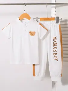 Summer Boys' Two-Piece Set Mamae Boy Bear Patch Front Button Collar Short Sleeve + Long Pants, Casual Fashion Kids