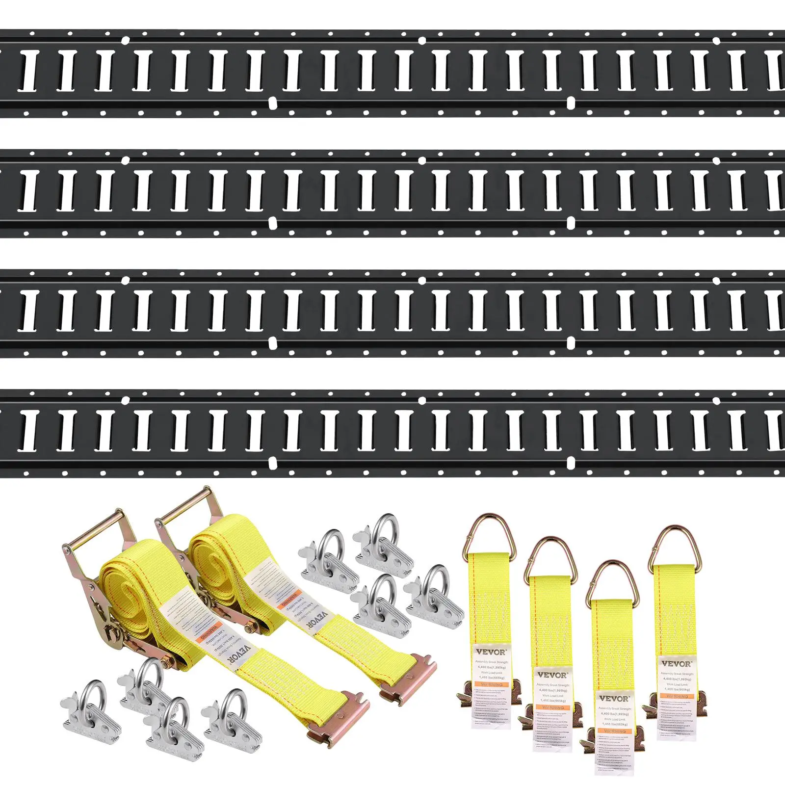 【summerfinds】VEVOR E Track Tie-Down Rail Kit, 18PCS 5' E-Tracks Set Includes 4 Steel Rails & 8 O-Ring Anchors & 4 Tie-Offs with D-Ring & 2 Ratchet Straps, Securing Accessories for Cargo Motorcycles Bikes, 2000 lbs