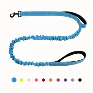 Handmade Cowtag 5ft Elastic Dog Leash Heavy-Duty Polyester with Shock Absorbing Rope Double-Padded Handle Adjustable Waist Safety Clip Training Equipment