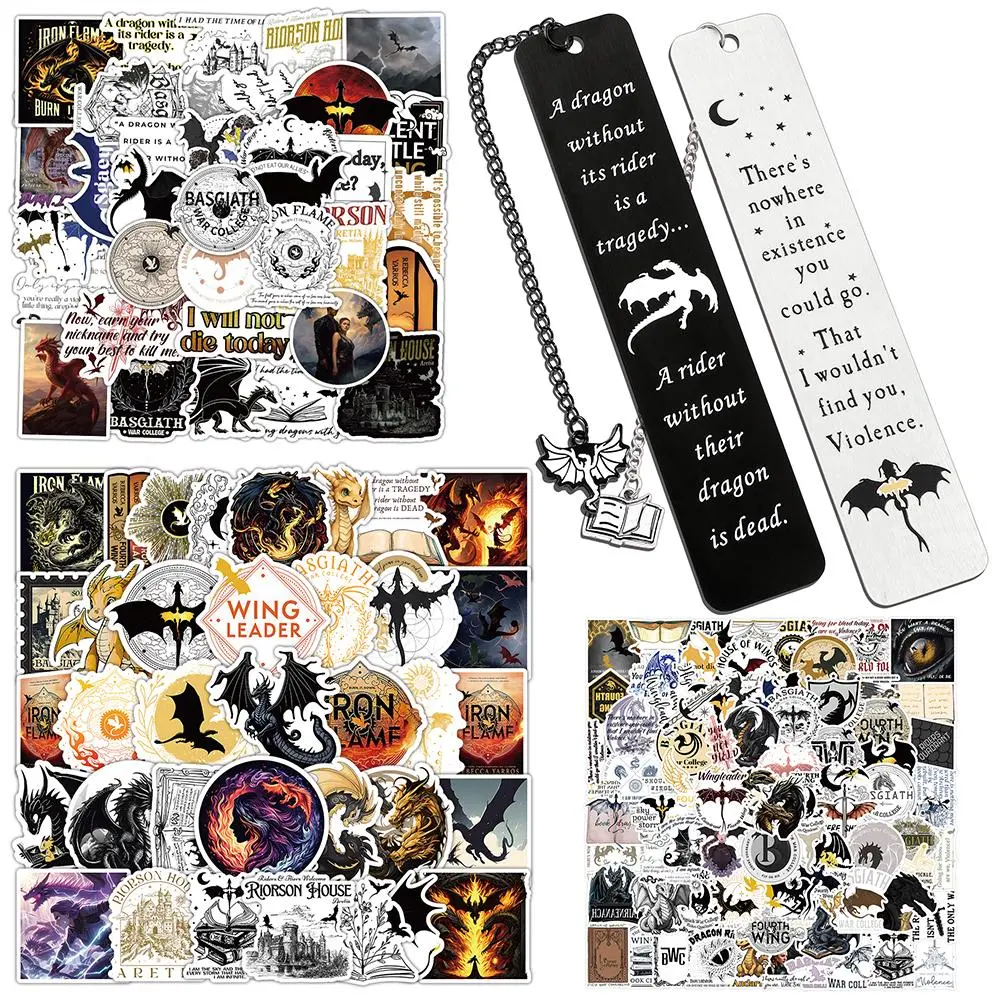 Fourth Wing & Dragon Rider Sticker, 1 Set Including 200pcs Waterproof Vinyl Sticker & 2 Counts Bookmark, Decorative Sticker for Water Bottle & Laptop, Halloween, Decorative Decal, Sticker Packs, Waterproof Stickers
