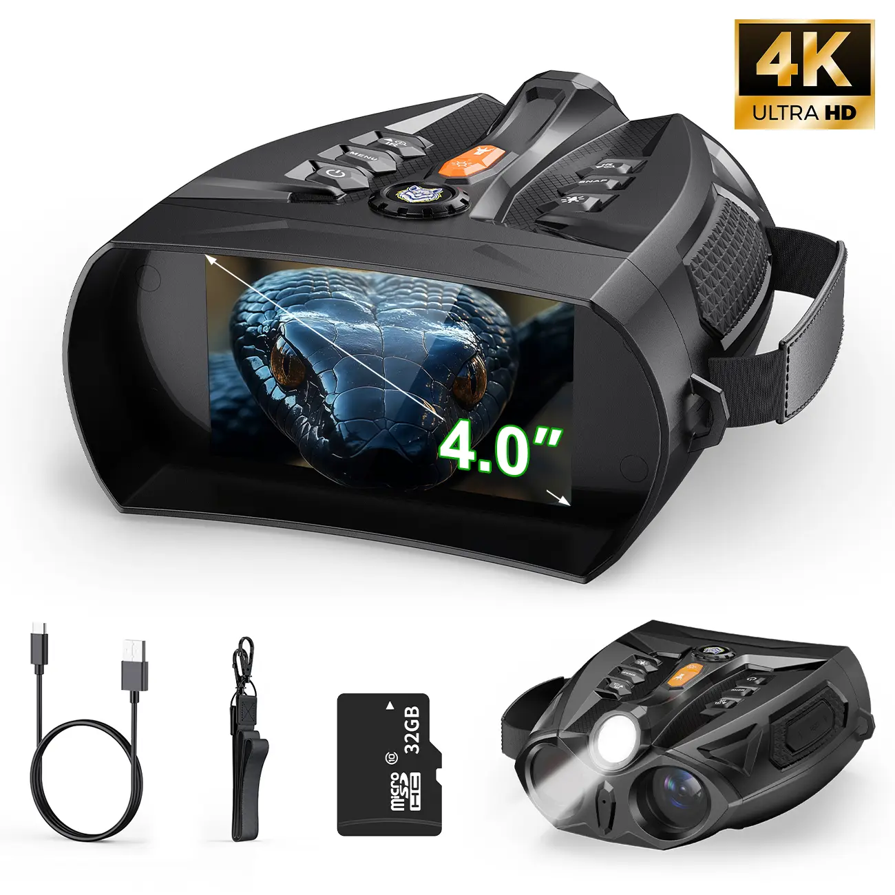 Snake-Pattern Night Vision Binoculars for Adults - Outdoor Gadgets, 4.0-inch Large Screen, 10X Digital Zoom, 32GB SD Card, 5000 mAh Battery, 7-Level Infrared, Tactical Flashlight, Neck Strap, 48MP Images, for Hunting, Camping, 4.0'' Large Display