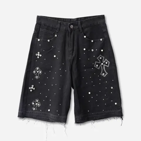Sopula Studio Men's Streetwear Rhinestone Cross Baggy Denim Shorts Jorts