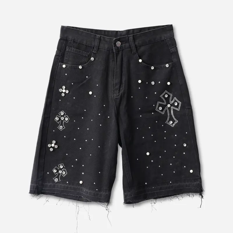 Sopula Studio Men's Streetwear Rhinestone Cross Baggy Denim Shorts Jorts