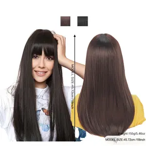 18inch Linen brown Wig With Bangs Long Wavy Curly Glueless Fringe Unit Heat Resistant Synthetic Middle Part Full Machine Made No Lace Scalp Wig Costume Cosplay Hair Replacement Wig Girls Daily Use