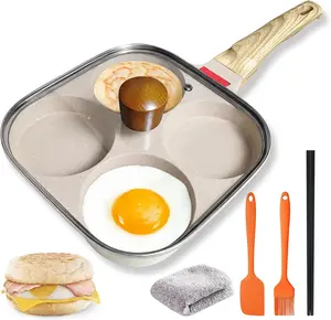 4‑Cup Nonstick Egg Pan Set with Lid – Aluminum Omelette Skillet for Breakfast, Includes Silicone Scraper, Oil Brush, Chopsticks & Cleaning Cloth – Compatible with Gas & Induction Cooktops (White) Ywmoml