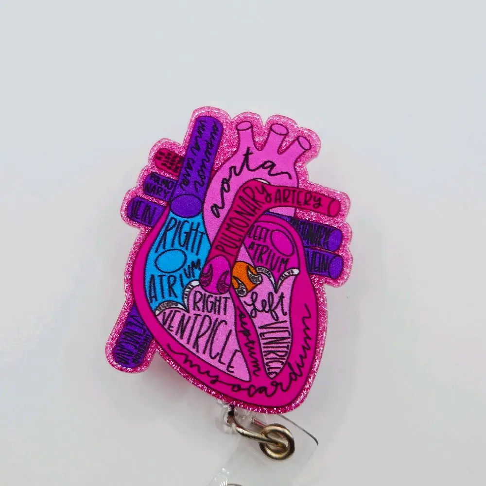 Pink and Purple Anatomical Heart with Pink Glitter Acrylic Retractable Badge ID Reel Belt or Alligator Clip Perfect for Nurses and the Cardiology Crew
