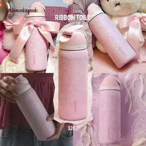 Limited Owala Ribbon Toile 32oz Cute Coquette Pink FreeSip Water Bottle Insulated Leakproof Stainless Steel Cup Valentine Gift for Her
