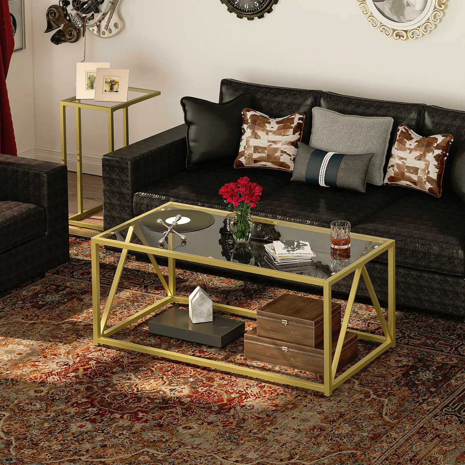 HOOBRO Glass Coffee Table, Gold Coffee Storage Tables for Living Room, Gold Glass Coffee Table,1 Layer Center Table, Modern, for Apartment, Office, 39.4 x 19.7 x 17.7 Inches, Easy Assembly, Golden