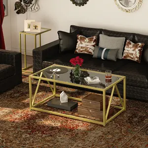 HOOBRO Glass Coffee Table, Gold Coffee Storage Tables for Living Room, Gold Glass Coffee Table,1 Layer Center Table, Modern, for Apartment, Office, 39.4 x 19.7 x 17.7 Inches, Easy Assembly, Golden#SpringSale #BigSpringSale