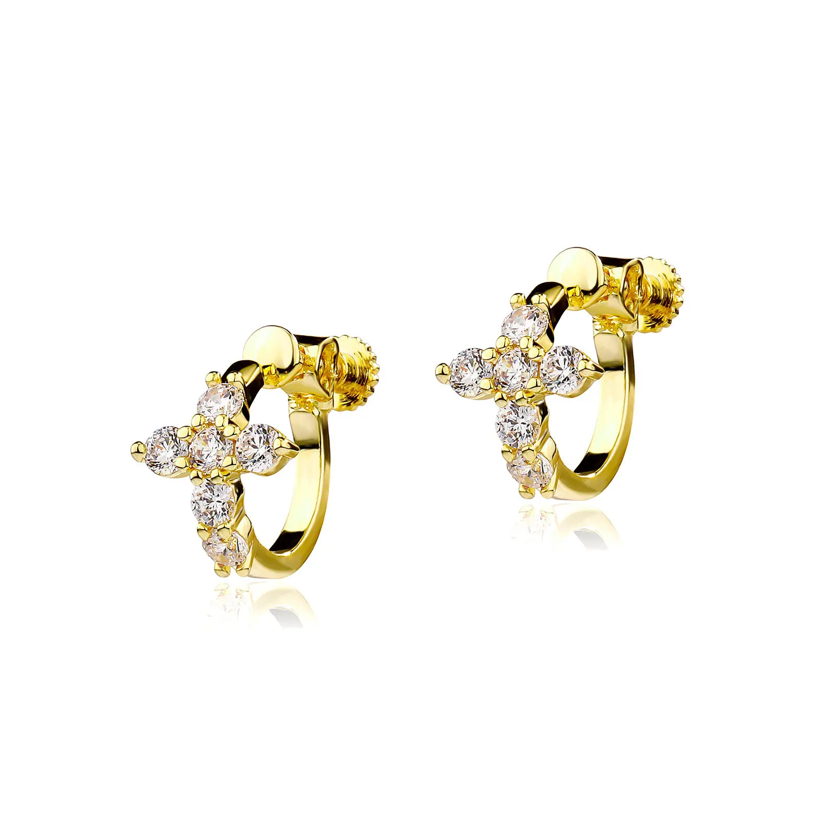Gold Cubic Zirconia Cross Clip-On Earrings