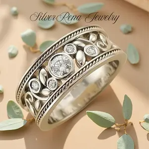 S925 Mother's Day Vintage Froral Ring Tree of Life Design 5A Cubic Zirconia Sterling Silver Ring, Unisex Couple Ring Jewelry Perfect Gift to Her & Him, AnniversaryBirthday Valentine's Day Gift, Safe for Daily Wear, Engagement Wedding Ring