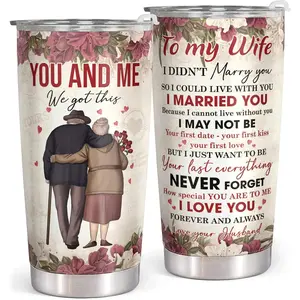 To My Wife Gift from Husband 20oz Tumbler, Romantic Anniversary Birthday Present, Old Couple Back View Art, Vacuum Insulated Travel Mug, Touching Love Quote Coffee Cup, Forever and Always