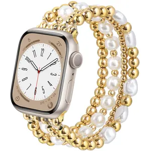 Airspo Gold Beaded Bracelets for Apple Watch - Compatible Elastic Strap for Women, Fashion Handmade iPhone Watch Bands, Model SE 8-45