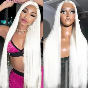 Platinum Long Straight Glueless Wig Lace Frontal Pre-plucked Hairline Heat Resistant Synthetic Wig 28 Inch Gift For Her Free Part