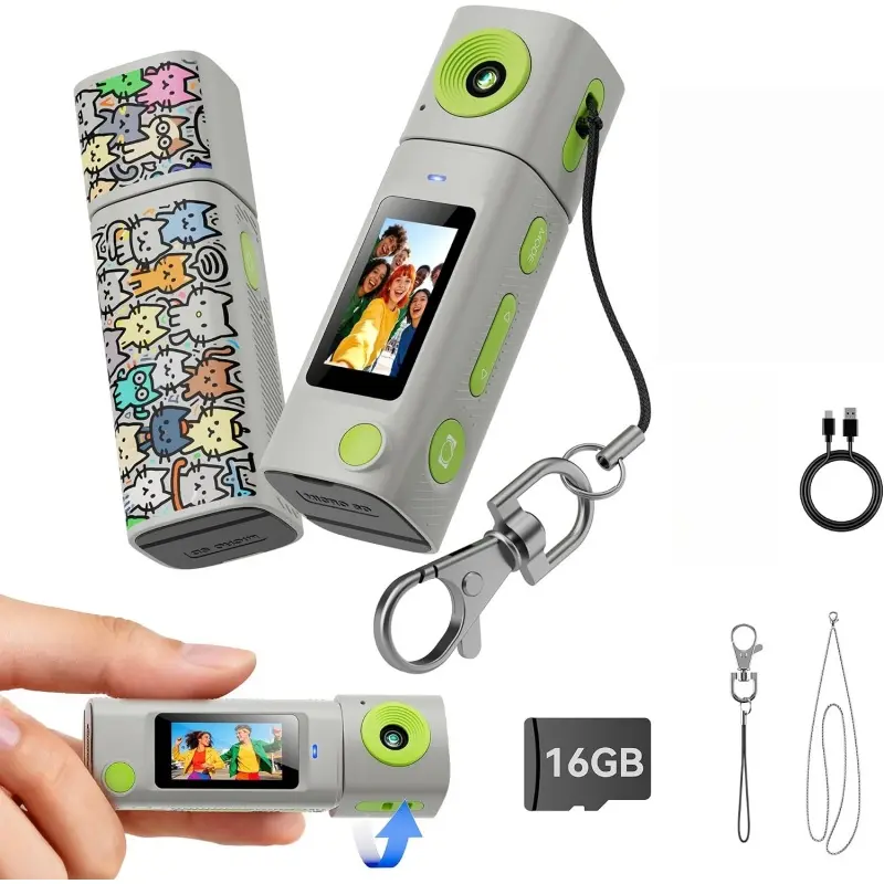 Mini Keychain Digital Camera:2K Digital Mini Camera with 16GB Card,Vintage Keychain Video Camera, 1" HD LCD Display, 400mAh Battery Portable Small Cameras