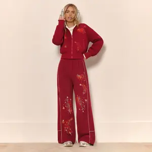 TCH - Valentine's Day  Women's 2 Piece Outfits Casual Lapel Half Zip Sweatshirts And Wide Leg Pants Wine Red Tracksuit Sets