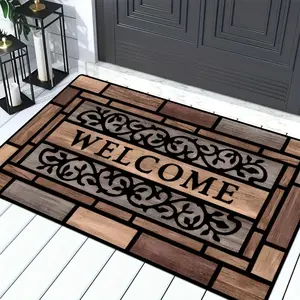 1pc Rustic Wood Grain Welcome Doormat - Durable Anti-Slip PVC Backing, Stylish Brown Pattern Non-Woven Fabric Floor Mat for Entryway, Home Entrance, and Front Door Decor