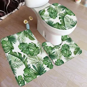 Green Leaves Bath Mat Set Tropical Monstera Palm Leaf Plant Home Carpet Bathroom Decorative Floor Rugs U-Mat Toilet Lid Cover