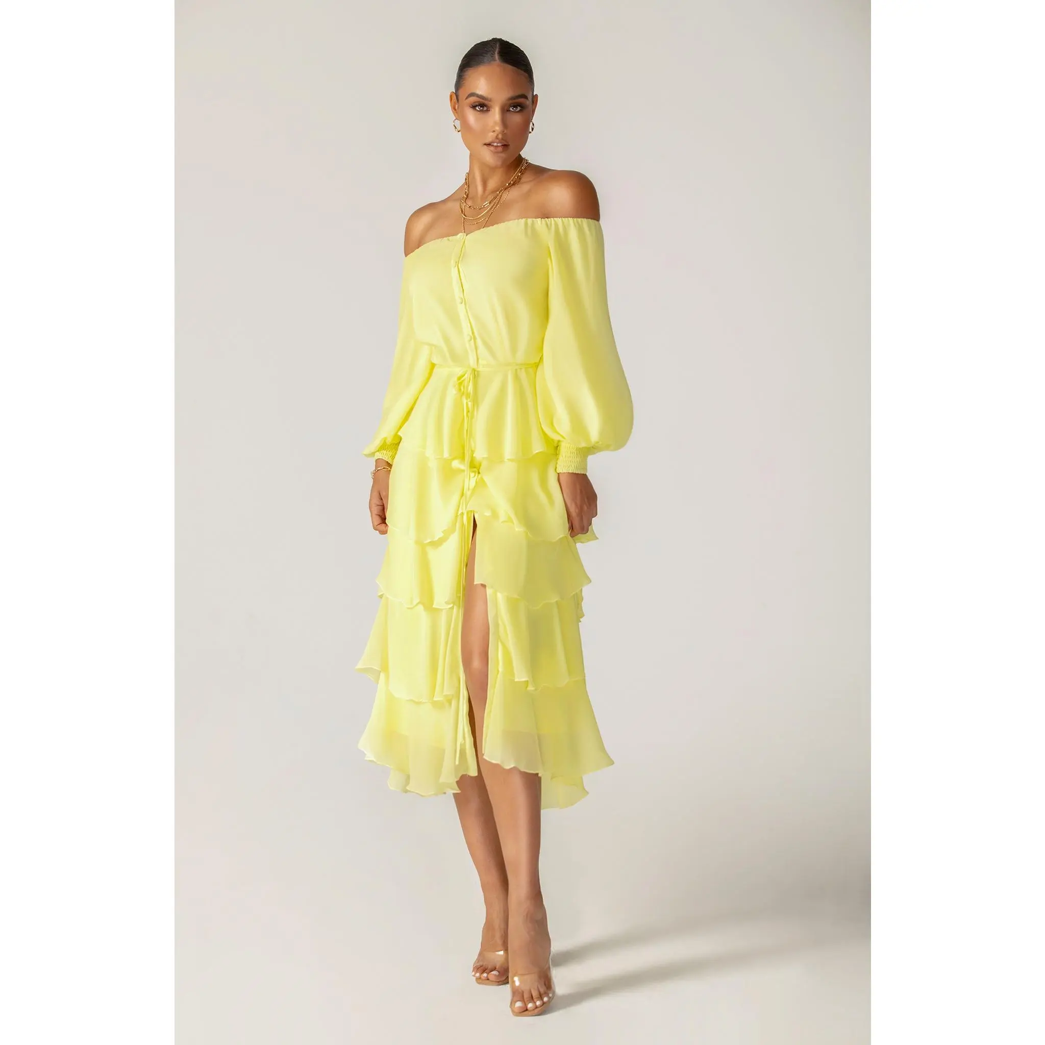 Dorra Floral Chiffon Dress - Yellow | Dorra Floral Chiffon Dress  - Yellow | Long Puff Sleeves Summer Dress with Thigh Split Design - Minimalist Off Shoulder Midi Outfit - Perfect for Vacation, Garden Party, Picnic & Casual Wear - Fashion Clothing