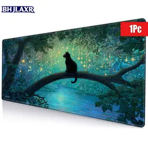 Magical Twilight Forest Black Cat Mouse Pad, 15.7x35.4inch Teal Blue Gnarled Tree River Scene Non-Slip Stitched Edges, Enchanted Fairy Tale Office Gaming Desk Mat, Ideal Gift for Fantasy Lovers
