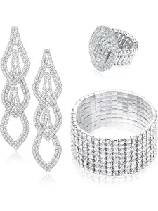 4 PCS Rhinestone Bridal Jewelry Set for Women, Long Chandelier Drop Earrings, Crystal Rhinestone Oval Stretch Ring, Perfect for Prom & Wedding