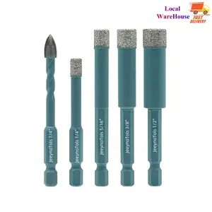 5PCs Dry Diamond Drill Bits Set - 4pcs 1/4", 5/16", 3/8", 1/2"(6/8/10/12mm) Hole Saw & 1pc 1/4"(6mm) Carbide Drill with Quick-Fit Hex Shank holesaws guide jig drill  bit metal  drill dly metal tablesaw Power tiles Tools Cutting