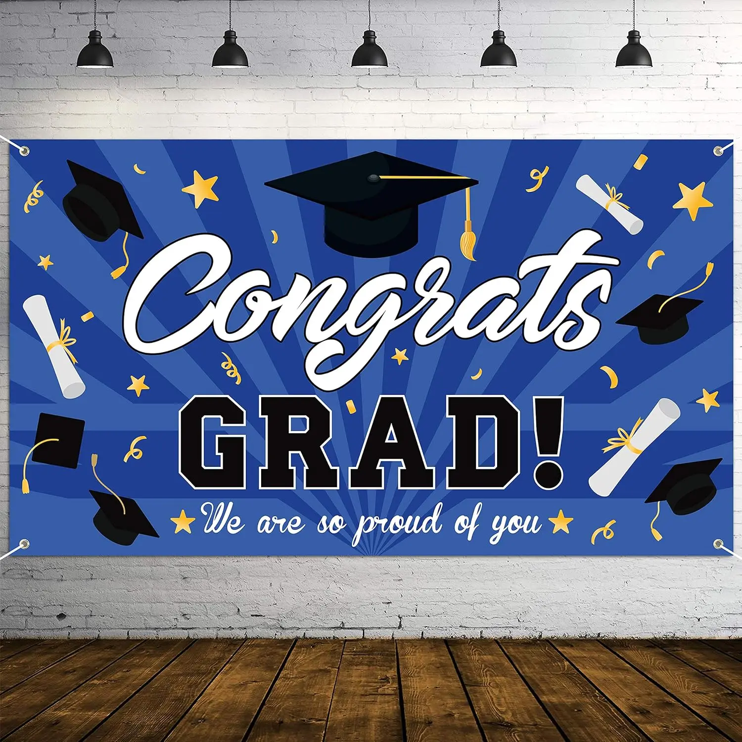 Graduation Background Banner 78" x 45" Extra Large and Blue Black Backdrop Congrats Grad We are Proud of You Cap Diploma Party Decorations Supplies for Indoor Outdoor Photo Booth Props