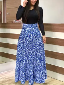 Autumn Winter New Women's Floral Patchwork Long Sleeve Dress, Elegant Round Neck Fashionable Comfortable Waist-Centric Maxi Dress Womenswear