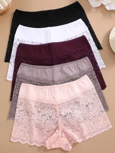 Women's Lace Patchwork Underwear Set, 5-Piece Comfortable Elastic Daily Wear, Plain Color Triangle Panties, Breathable & Soft Fabric Floral, Fit Boxer, Womenswear