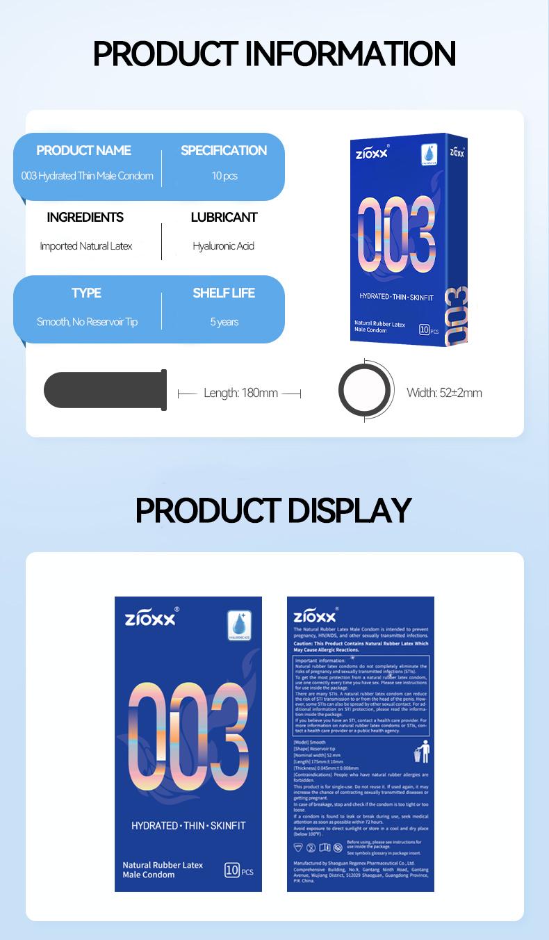 Zioxx 003 Ultra Thin Condoms for Men - Barely There Feel with Hyaluronic Acid Extra Lube, Skinfit Latex, 10 Pack