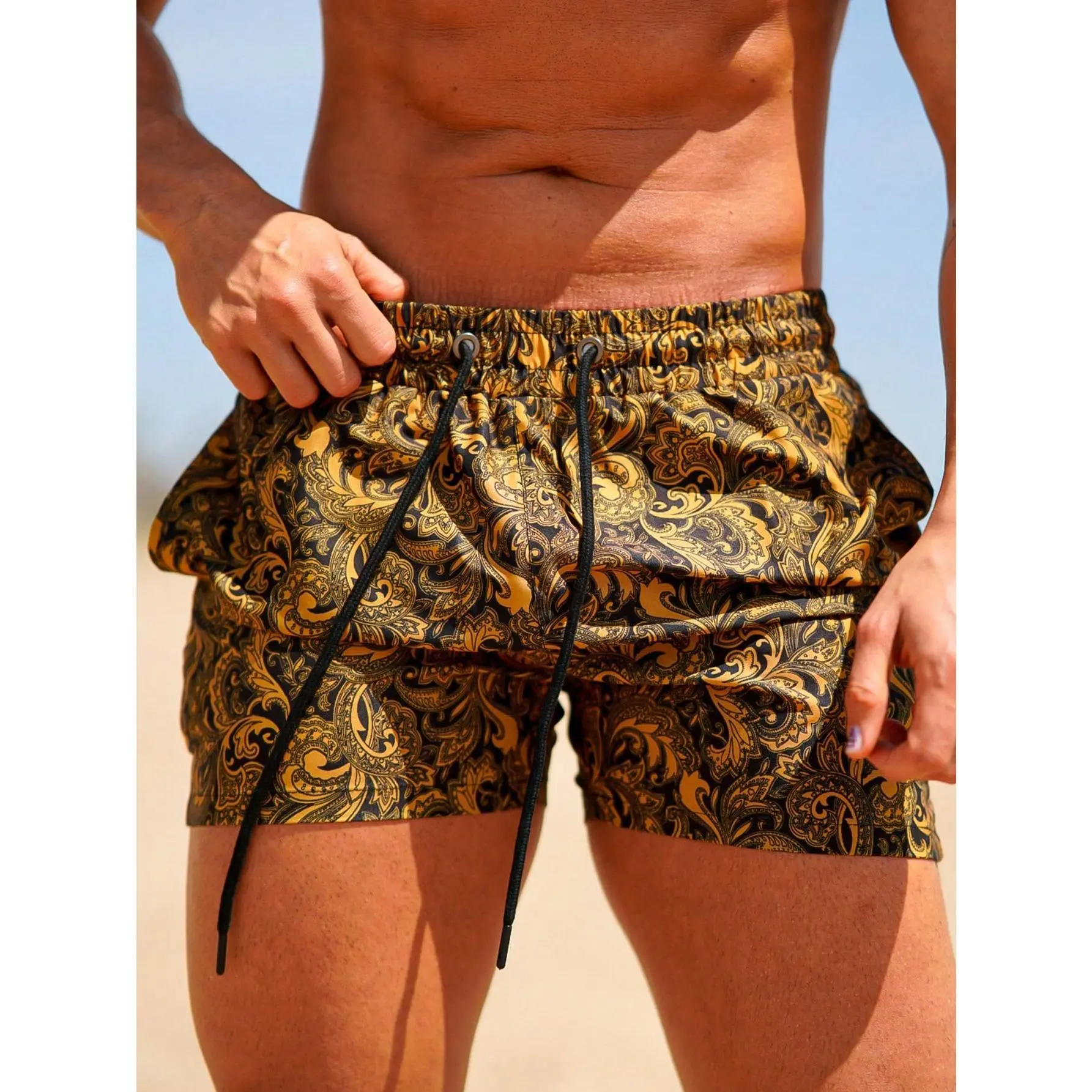 Men's Golden Printed Swimmertrunks with Compression Lining, Quick-Drying Casual Beach Shorts with Pockets, Swimsuit Shorts, Velcro