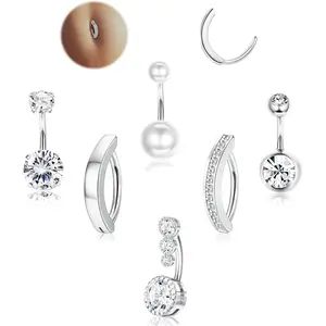 MILACOLATO Silver/14K Plated Gold Belly Button Rings Surgical Stainless Steel Belly Rings CZ Clicker Belly Button Piercings for Women Navel Piercings Pack