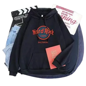 Fleece-lined Hoodie Sweater Couple Loose Top Long Sleeve Pullover Casual Polyester Fiber Hooded Sweater Hard Black - Fabric