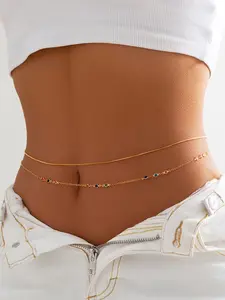 Fashion Colorful Rhinestone Dual-Layer Waist Chain Set, Sexy Metal Body Chain, Versatile Belt Chains, 2 Piece Jewelry Accessories, Waist Beads
