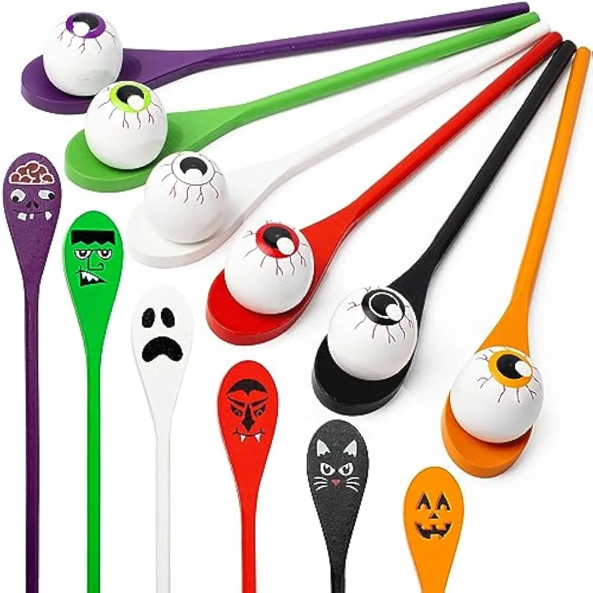 Halloween Egg and Spoon Race Game, 6 Eggs and 6 Spoons, Made of the Finest Wood, Fun Game for Parties, Birthdays Classroom Activities. Durable, Lightweight |Six Assorted Colors