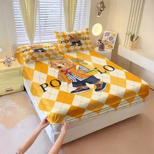 3Pcs American Sailor Polo Bear Fitted Sheet, Vintage Argyle Style, Ultra Soft Skin-friendly Breathable, High-end Bedding Set for Bedroom