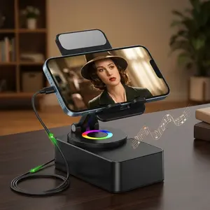 Wireless Audio Bluetooth Speaker 5in1 Phone Holder Emergency Rechargeable withColorful Ambient Light 300° Foldable for Tablet iPhone Android, Gifts for Men Women ，Black with LED Nightlight Wireless Induction Bluetooth Speaker Stand