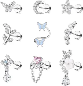 9 Pcs 16G Stainless Steel Cartilage Earrings Set with Leaf Butterfly CZ Studs Classic Durable Design for Multiple Piercings Perfect for Daily Party & Vacation Accessories for Women accessories for women