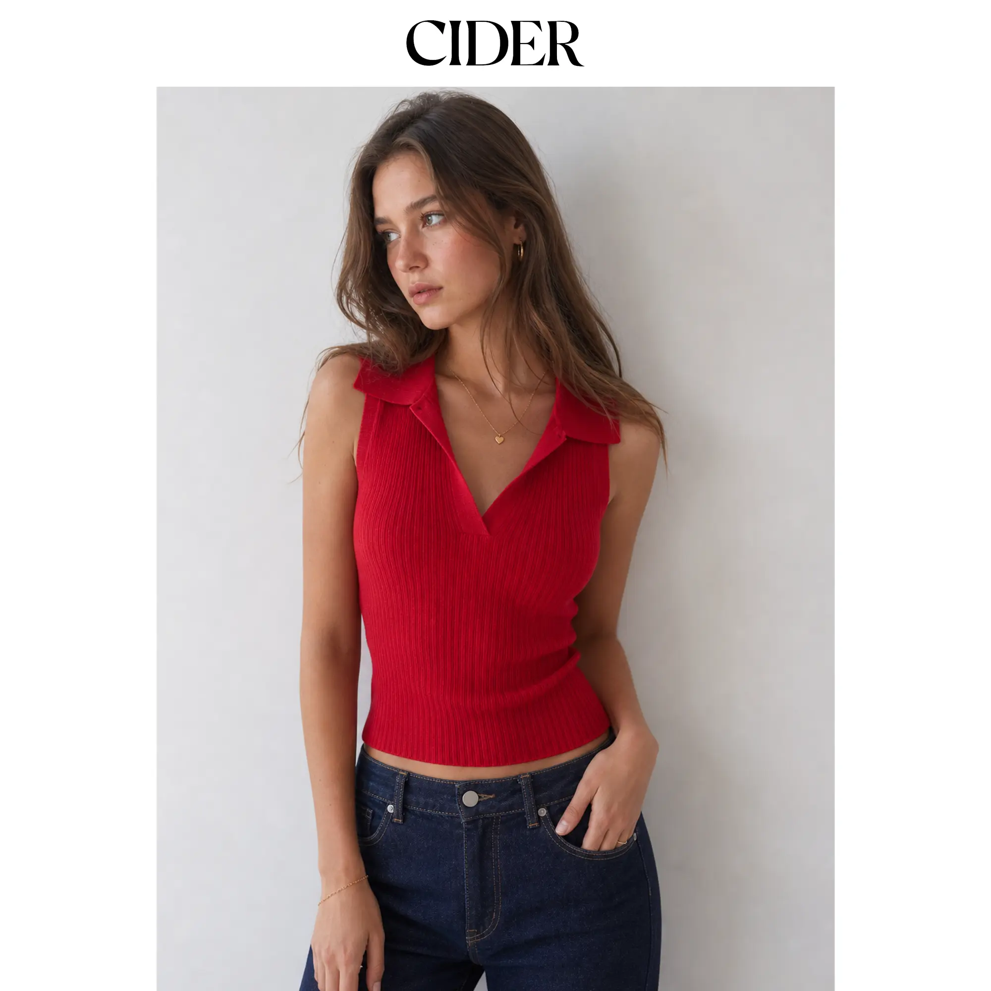 Cider Women's Knit Textured Collared Polo Neck Sleeveless Vest, Basic Casual Tops