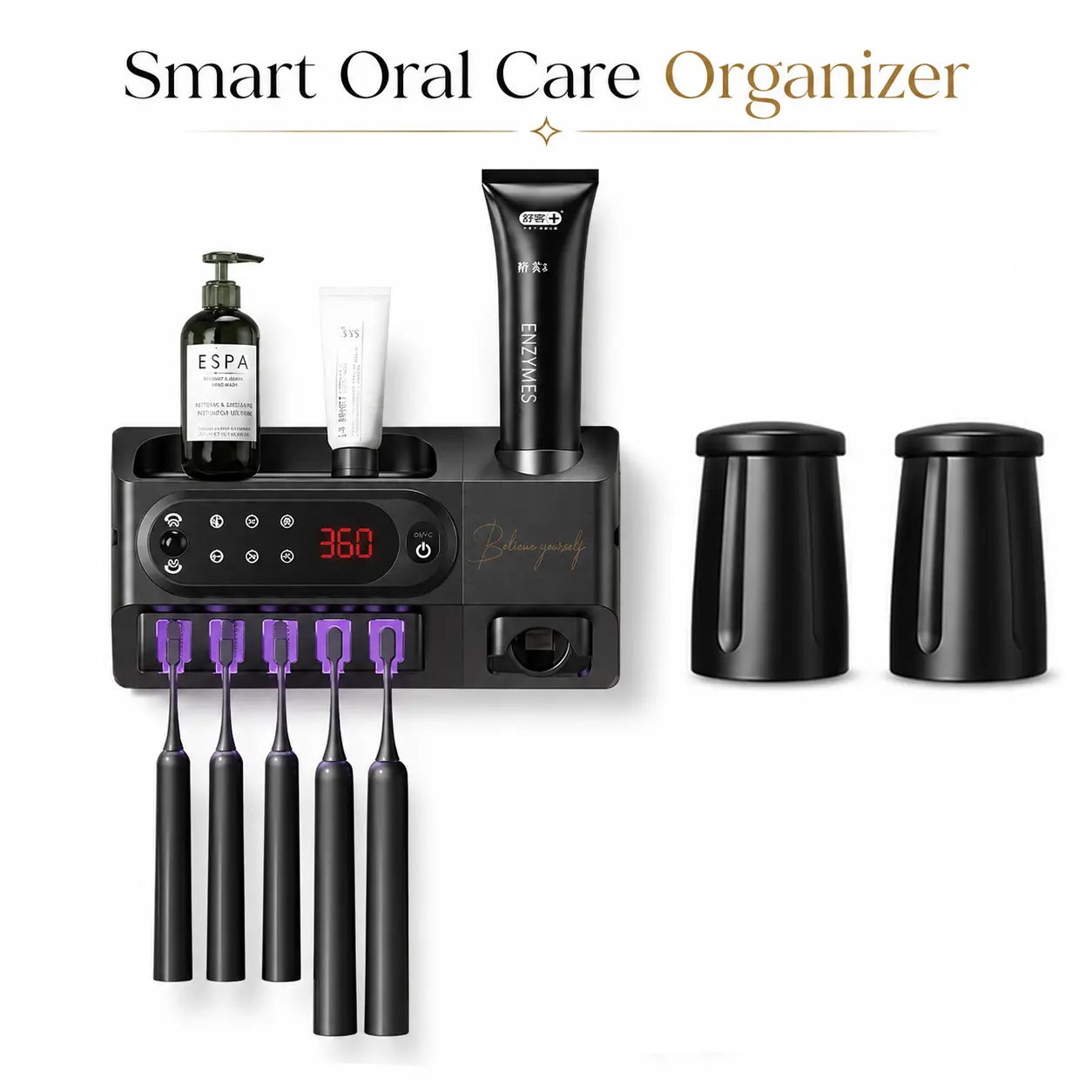 Multifunctional Wall-Mounted Smart Toothbrush Holder Bathroom Accessory - 5-Slot Storage, Automatic Toothpaste Dispenser, USB Charger Magnetic Cups, Fast-Drying Drain, No-Drill Installation, Compact Organizing for Modern Bathrooms, Toothbrush Storage
