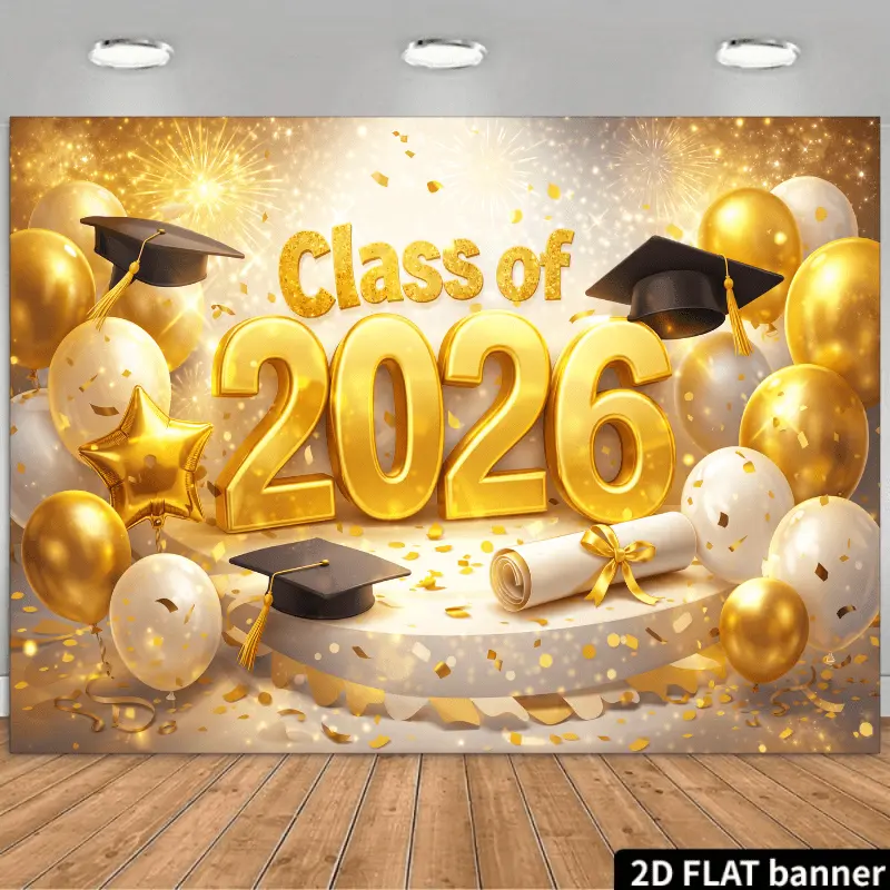 Durable 2026 Graduation Soft Textile Backdrop - Cap-themed 2D Flat Banner with Wooden Numerals, Balloons, Pennants, Elegant Scroll, Ribbon Ornaments - for Grad Parties, Weddings, Indoor Glam Look Decor, Wedding